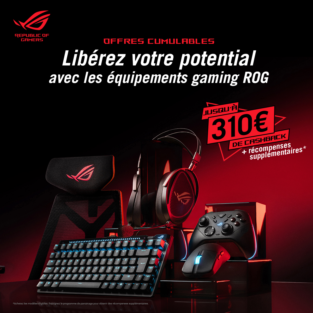 Visuel promotionnel ASUS Black Friday : fond violet, logo ASUS en haut à gauche, texte “Offre spéciale Black Friday – Jusqu’à -40% sur nos produits PC ASUS”. À droite, plusieurs produits ASUS ROG flottent : carte mère, clavier, souris, casque gaming, carte graphique, écran ROG, routeur, refroidissement AIO et boîtier PC. Un bouton “En profiter” apparaît en bas du texte.