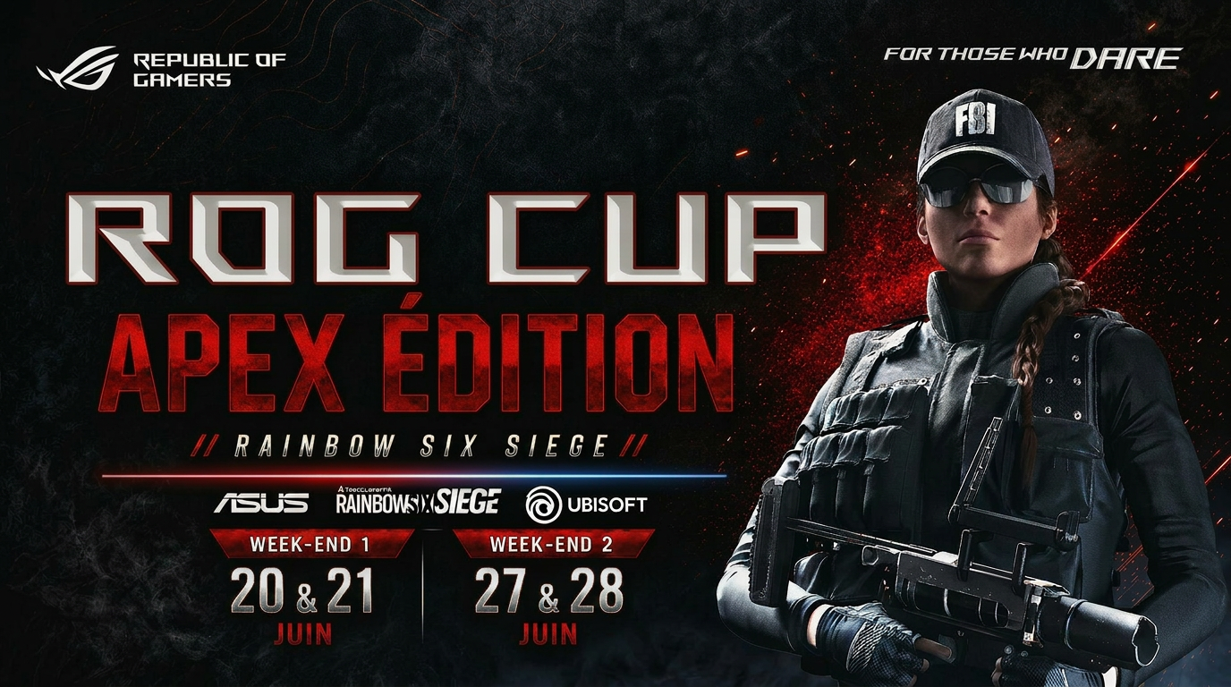 Affiche du tournoi ROG Cup APEX EDITION 2026 sur Rainbow Six Siege X, avec deux agents du jeu en tenue de combat de part et d’autre d’un blason central. L’événement est sponsorisé par ASUS, Ubisoft et Republic of Gamers.