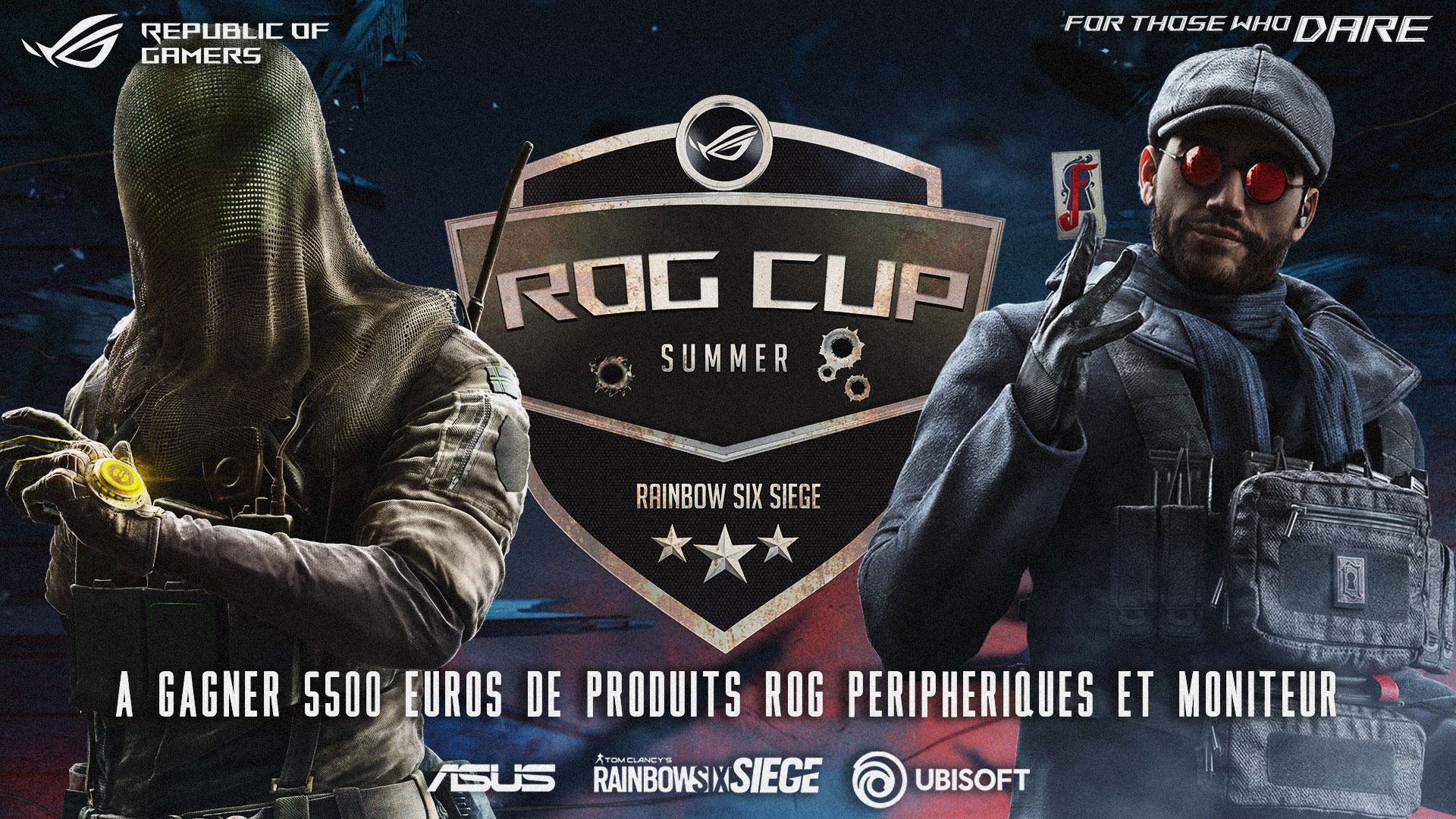Affiche du tournoi ROG Cup Summer sur Rainbow Six Siege, avec deux agents du jeu en tenue de combat de part et d’autre d’un blason central. L’événement est sponsorisé par ASUS, Ubisoft et Republic of Gamers, avec 7500 euros de produits ROG à gagner.