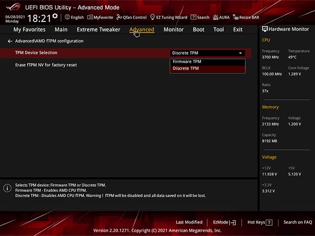 capture d’écran de la page de configuration Advanced\AMD fTPM