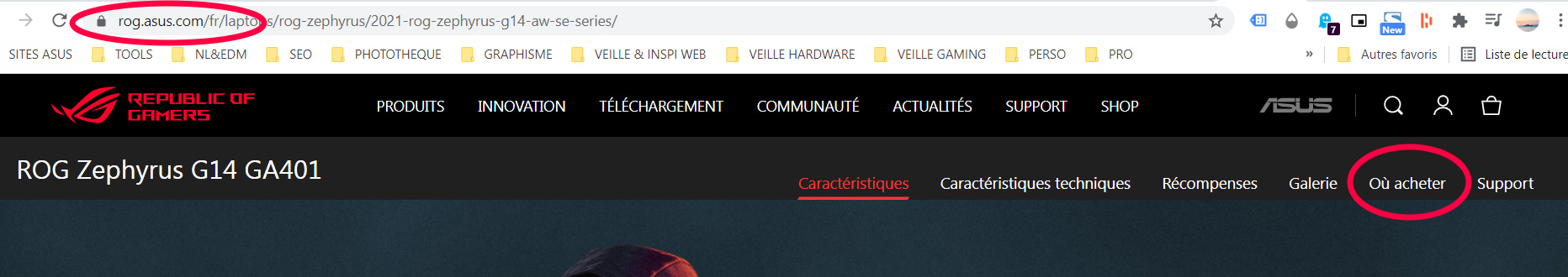 Exemple de bouton revendeur officiel site ROG et eshop ASUS ROG